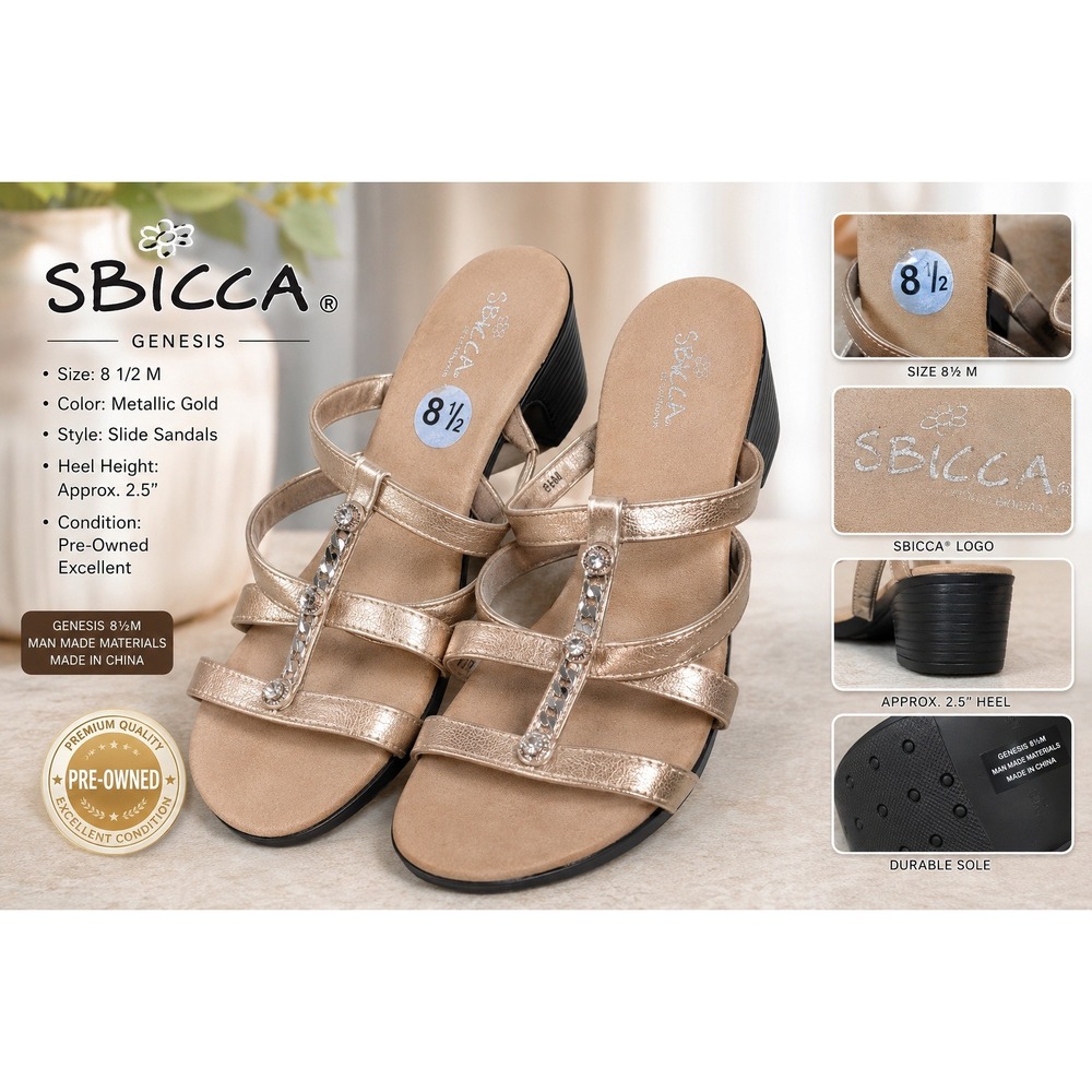 Sbicca Genesis Gold Metallic Rhinestone Strappy Block Heel Sandals Womens 8.5M